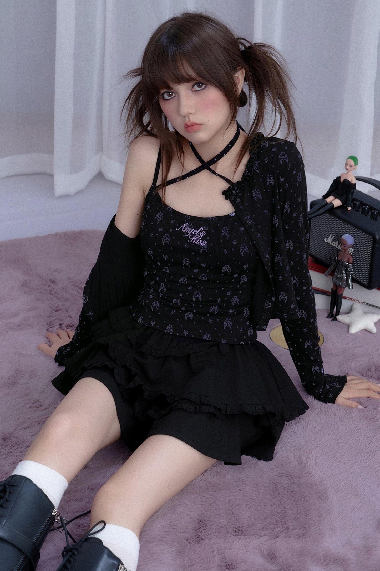 Angel Bear Print Camisole Cardigan Set-Up