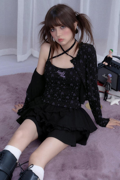 Angel Bear Print Camisole Cardigan Set-Up