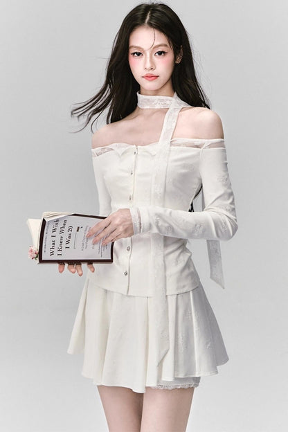 Luxury Moonlight Lace One-Shoulder Top Embroidered Skirt Set-Up