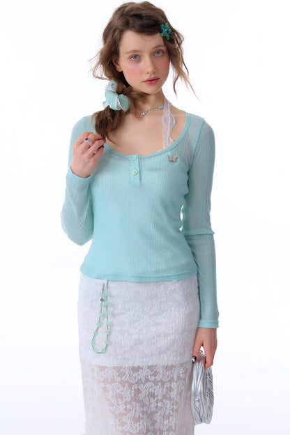 Semi-Sheer Slim Long Sleeve T-Shirt