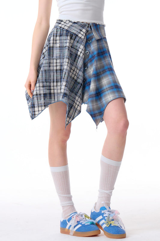 Irregular Color Block Plaid High-Waist Skirt