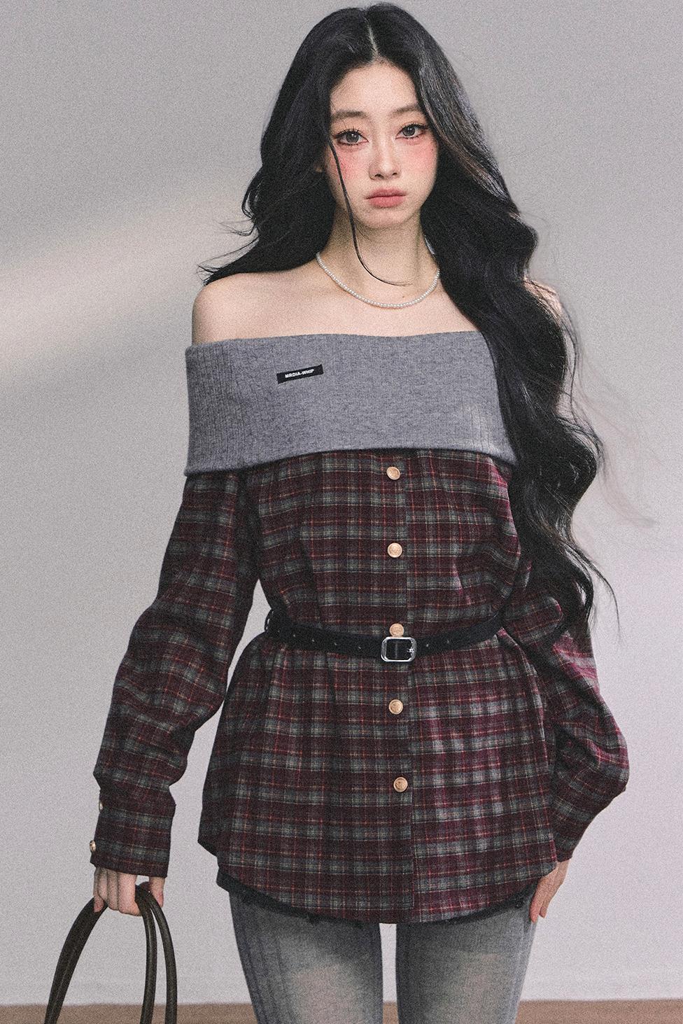 Autumn Waist Slimming Plaid Knit Top