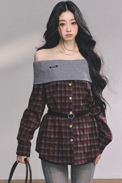 Autumn Waist Slimming Plaid Knit Top