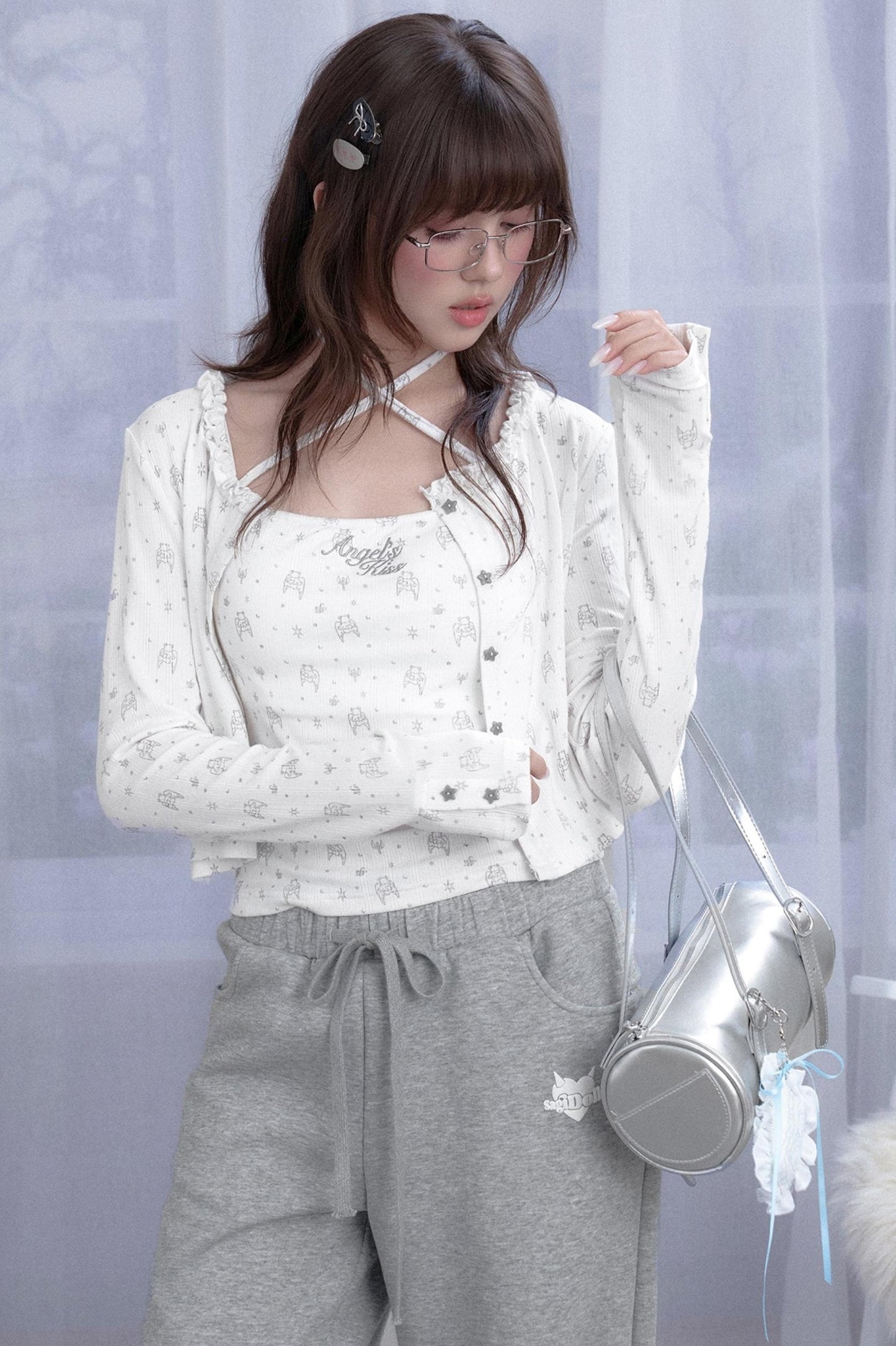 Angel Bear Print Camisole Cardigan Set-Up