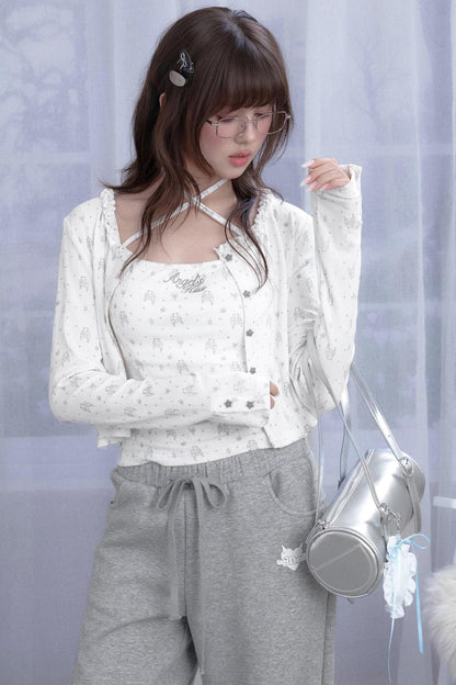 Angel Bear Print Camisole Cardigan Set-Up