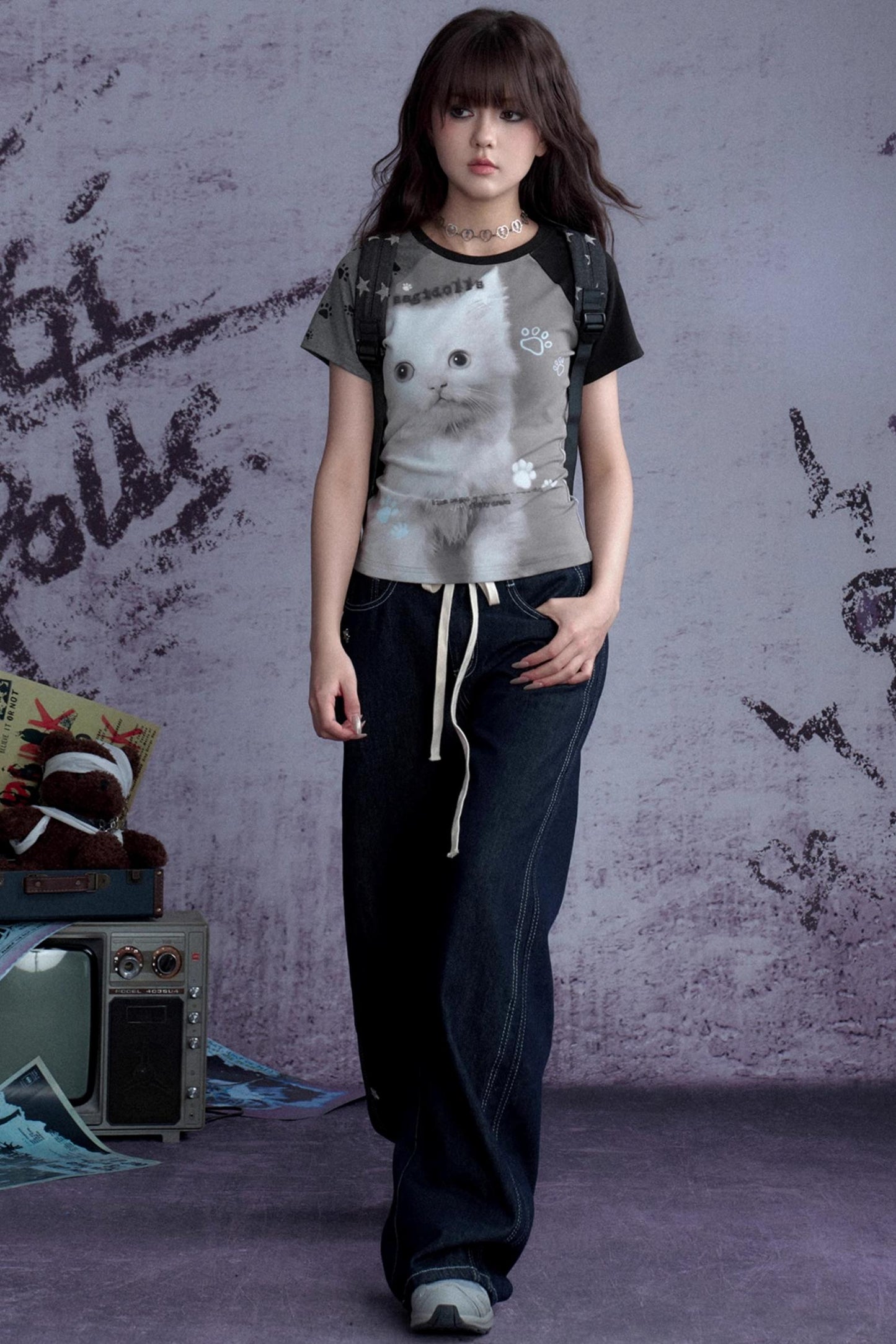 Fighting Spirit Cat Print Raglan Tee