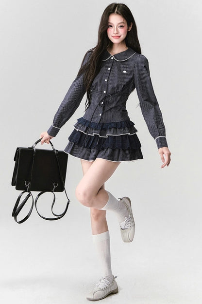 Fragile Preppy Style Shirt Skirt Set-Up