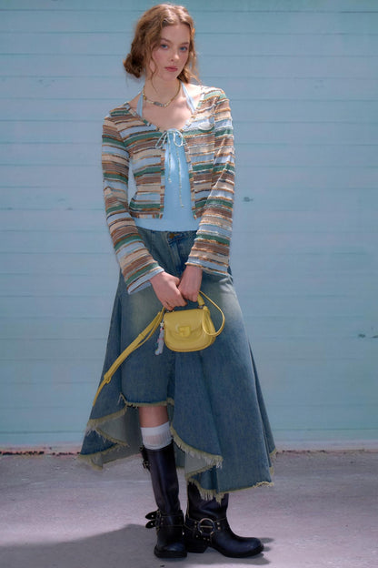 Cardigan court à rayures contrastées 