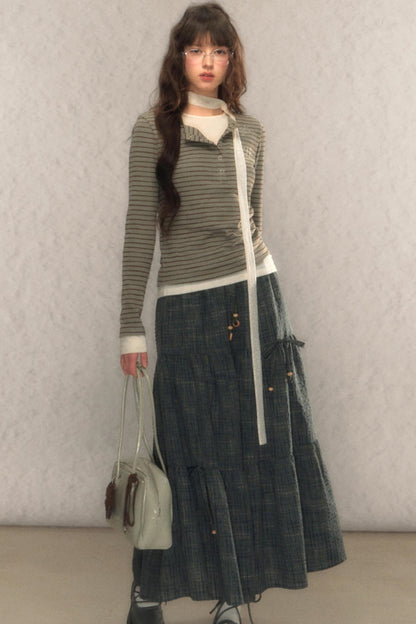 Striped Short Slim Long-Sleeved Top