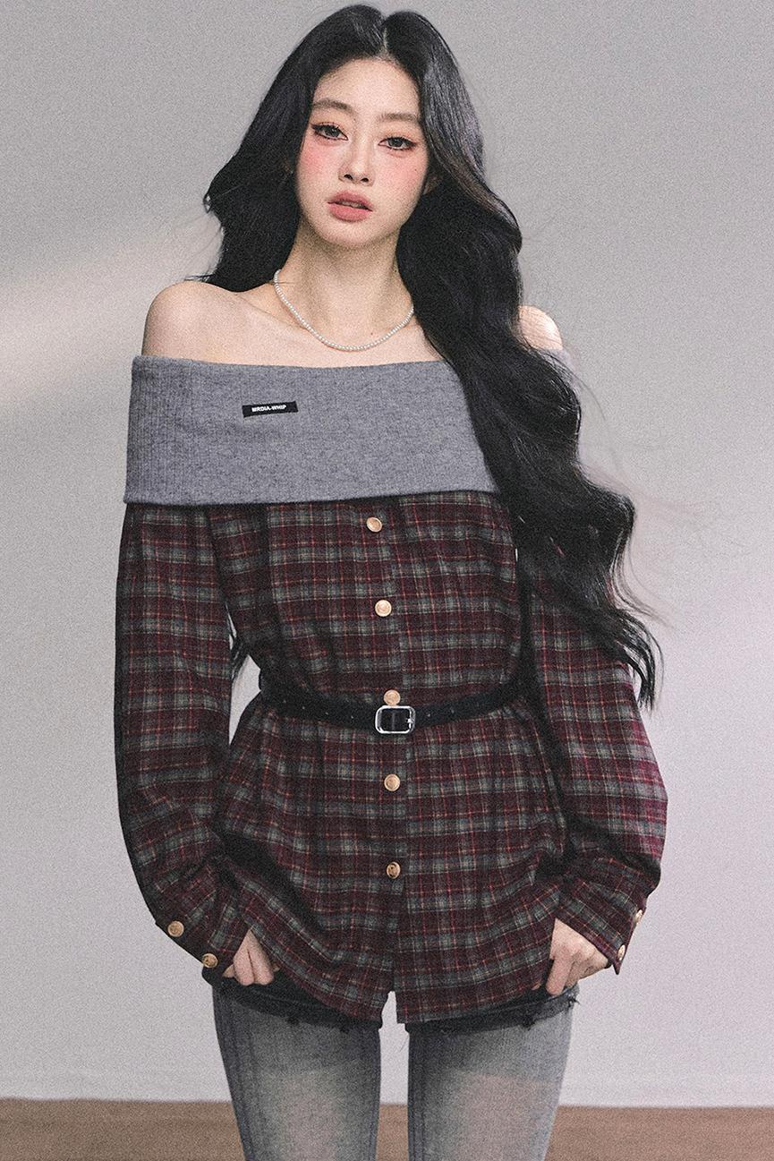 Autumn Waist Slimming Plaid Knit Top