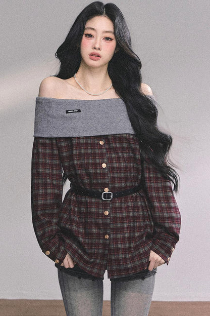 Autumn Waist Slimming Plaid Knit Top