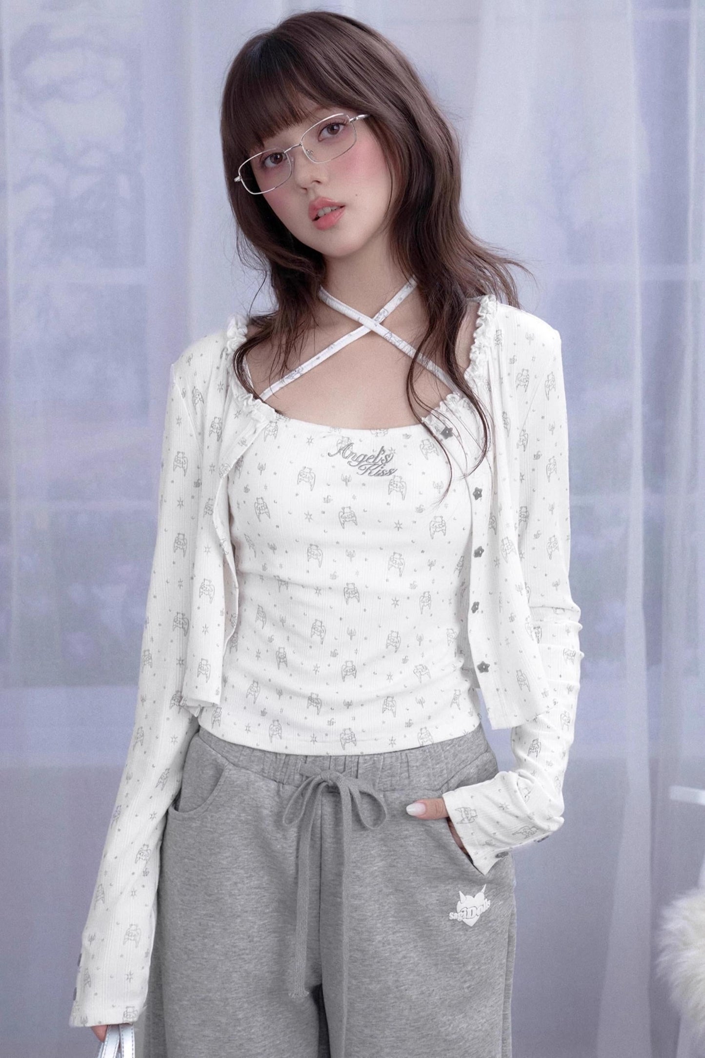 Angel Bear Print Camisole Cardigan Set-Up