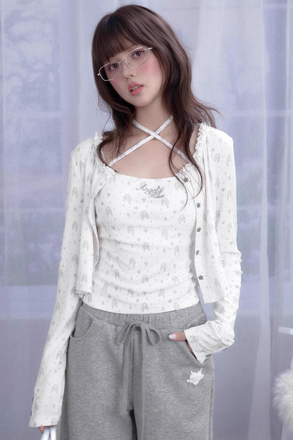 Angel Bear Print Camisole Cardigan Set-Up