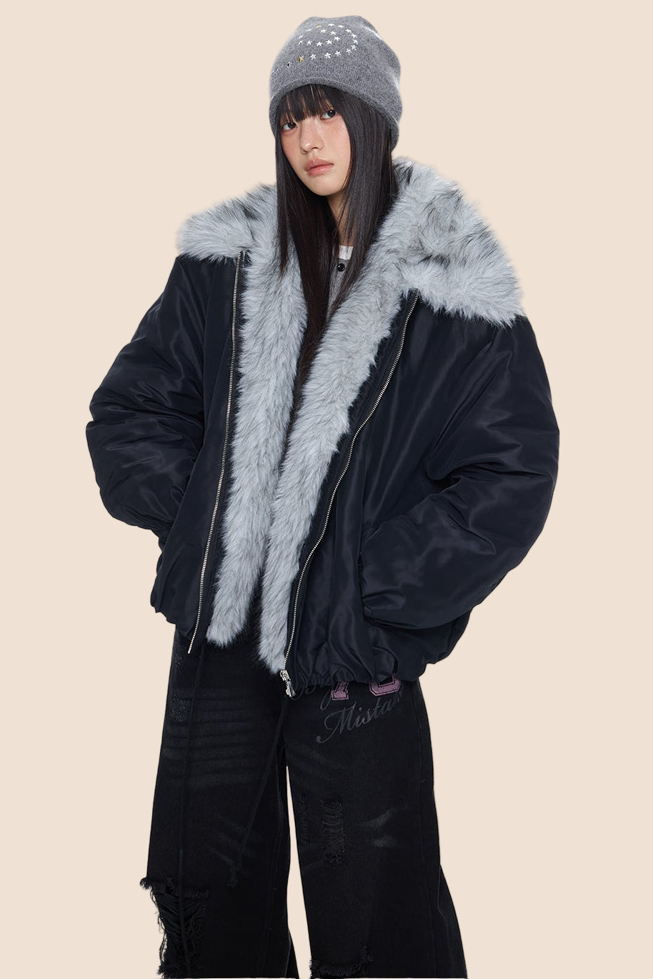 Furry Contrast Lapel Jacket