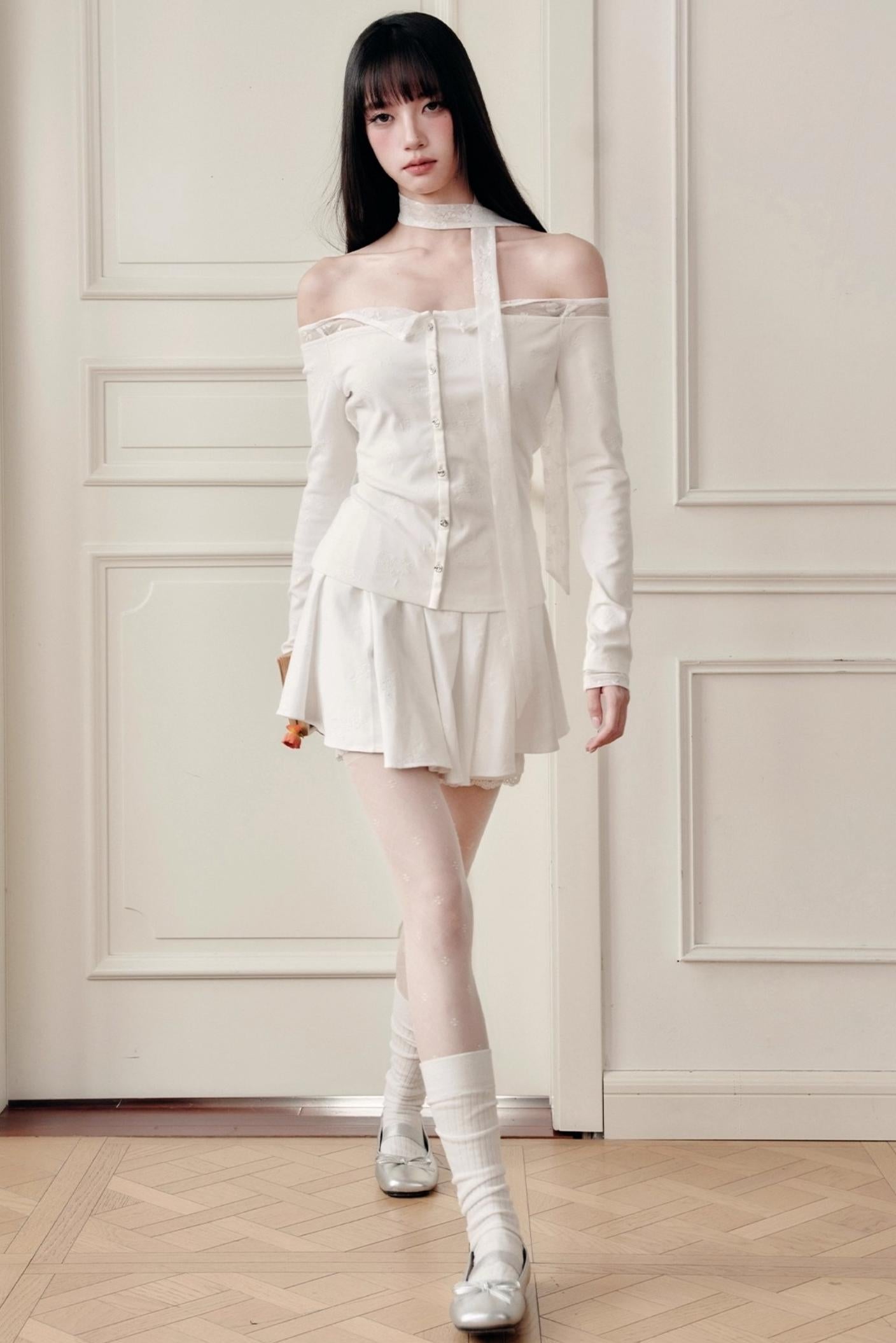 Luxury Moonlight Lace One-Shoulder Top Embroidered Skirt Set-Up