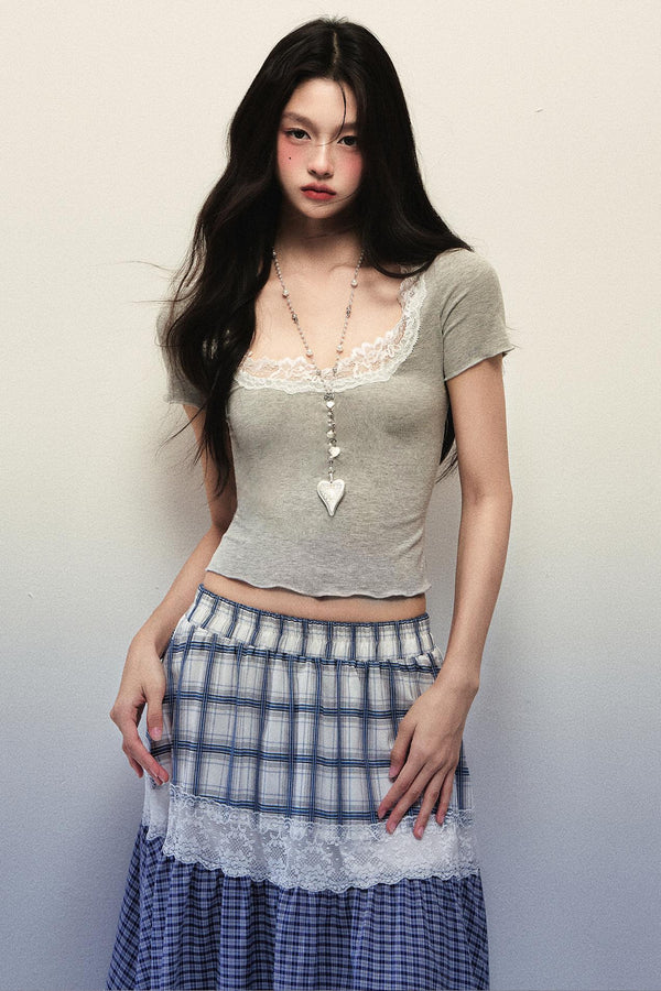 Cotton Lace Square Neck Short Sleeve Top