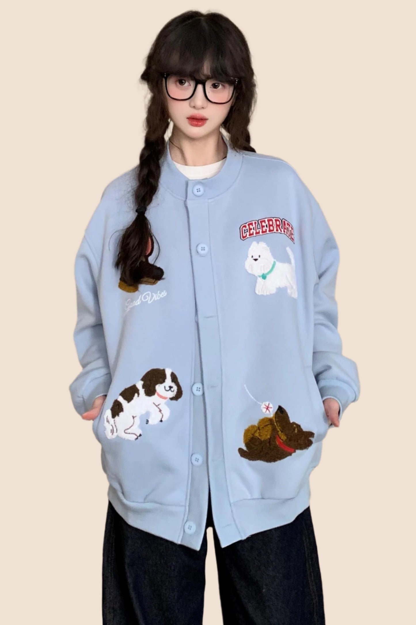 EZEK 아메리칸 레트로 자수 만화 강아지 재미있는 캐주얼 가디건 스웨트셔츠 여성용 게으른 바람 느슨한 bf 자켓 유행 