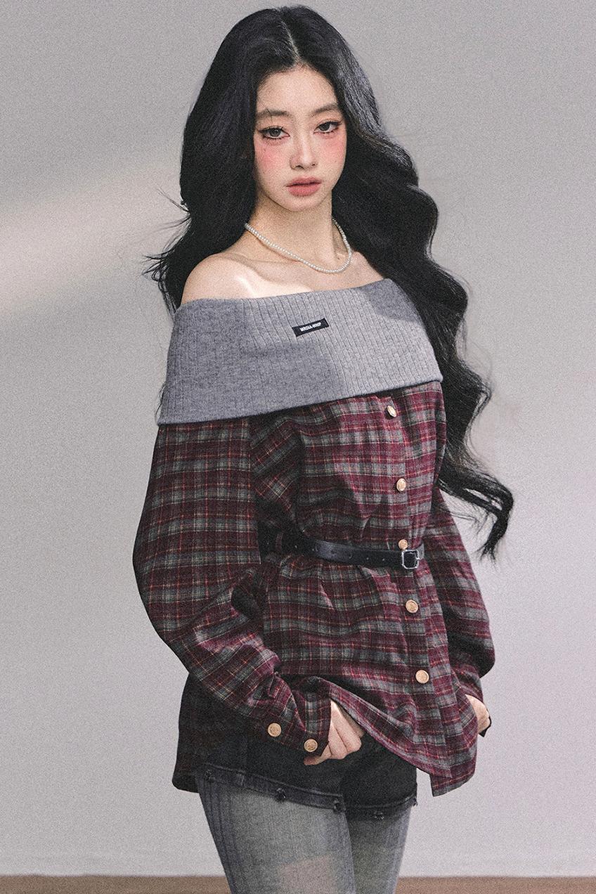 Autumn Waist Slimming Plaid Knit Top