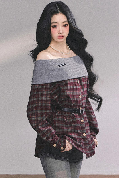 Autumn Waist Slimming Plaid Knit Top