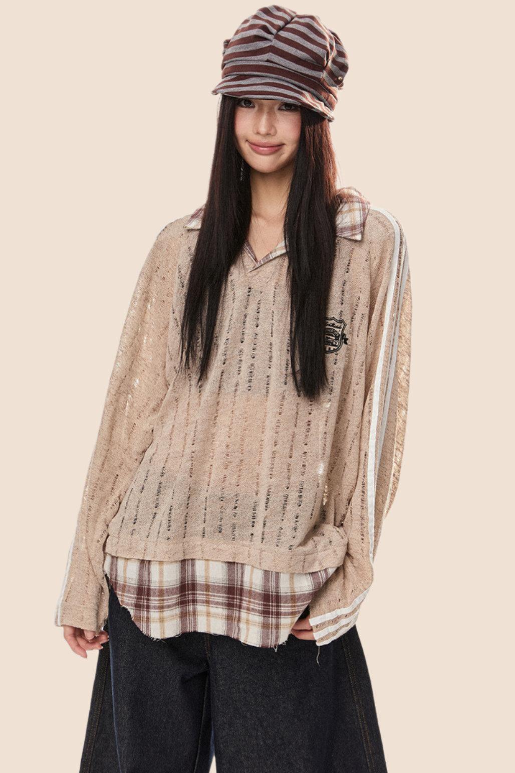 EZEK 아메리칸 레트로 스트라이프 스티칭 대비 약간 투명한 컷아웃 풀오버 스웨트셔츠 여성용 루즈 캐주얼 베이비 탑 타이드 