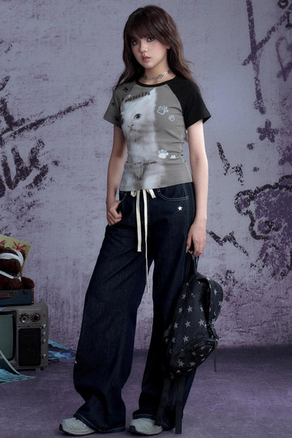 Fighting Spirit Cat Print Raglan Tee