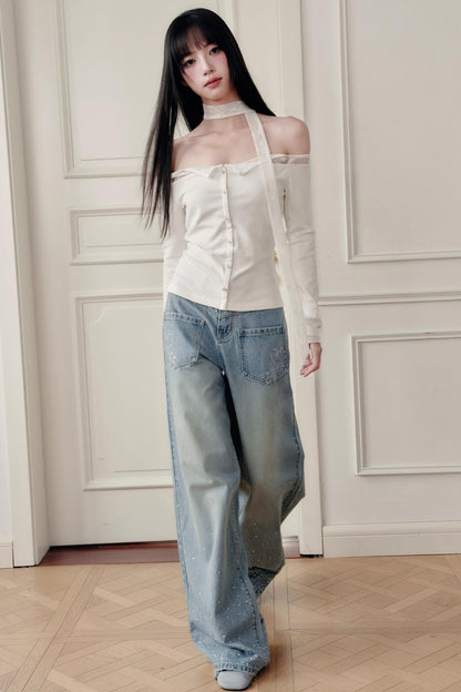 Luxury Moonlight Lace One-Shoulder Top Embroidered Skirt Set-Up