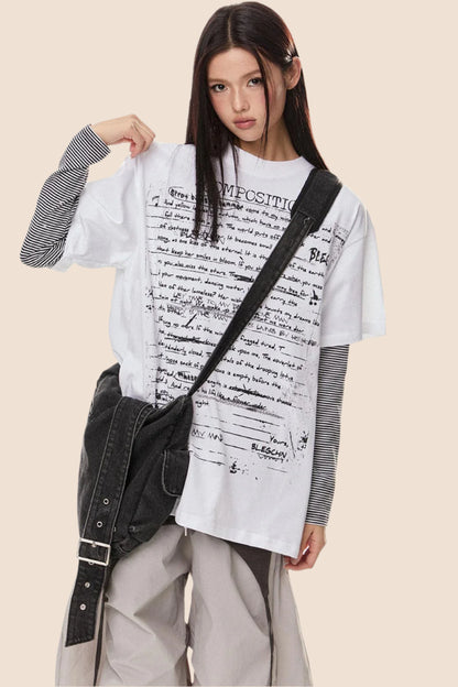 EZEK 아메리칸 레트로 타고르 시 디자인 감각 반팔 티셔츠 여성 하이스트리트 루즈 슬림 숄더 탑 트렌드 