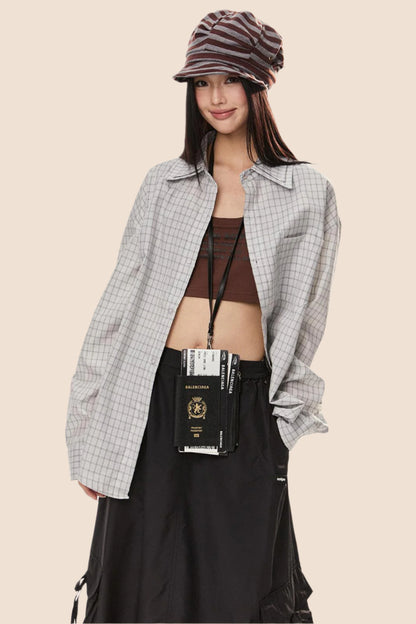 EZEK 아메리칸 레트로 더블 칼라 체크 셔츠 여성용 루즈 슬림 셔츠 재킷 봄 신상 트렌디 브랜드 