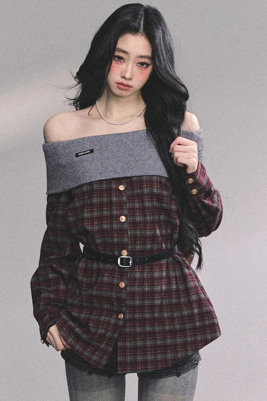 Autumn Waist Slimming Plaid Knit Top