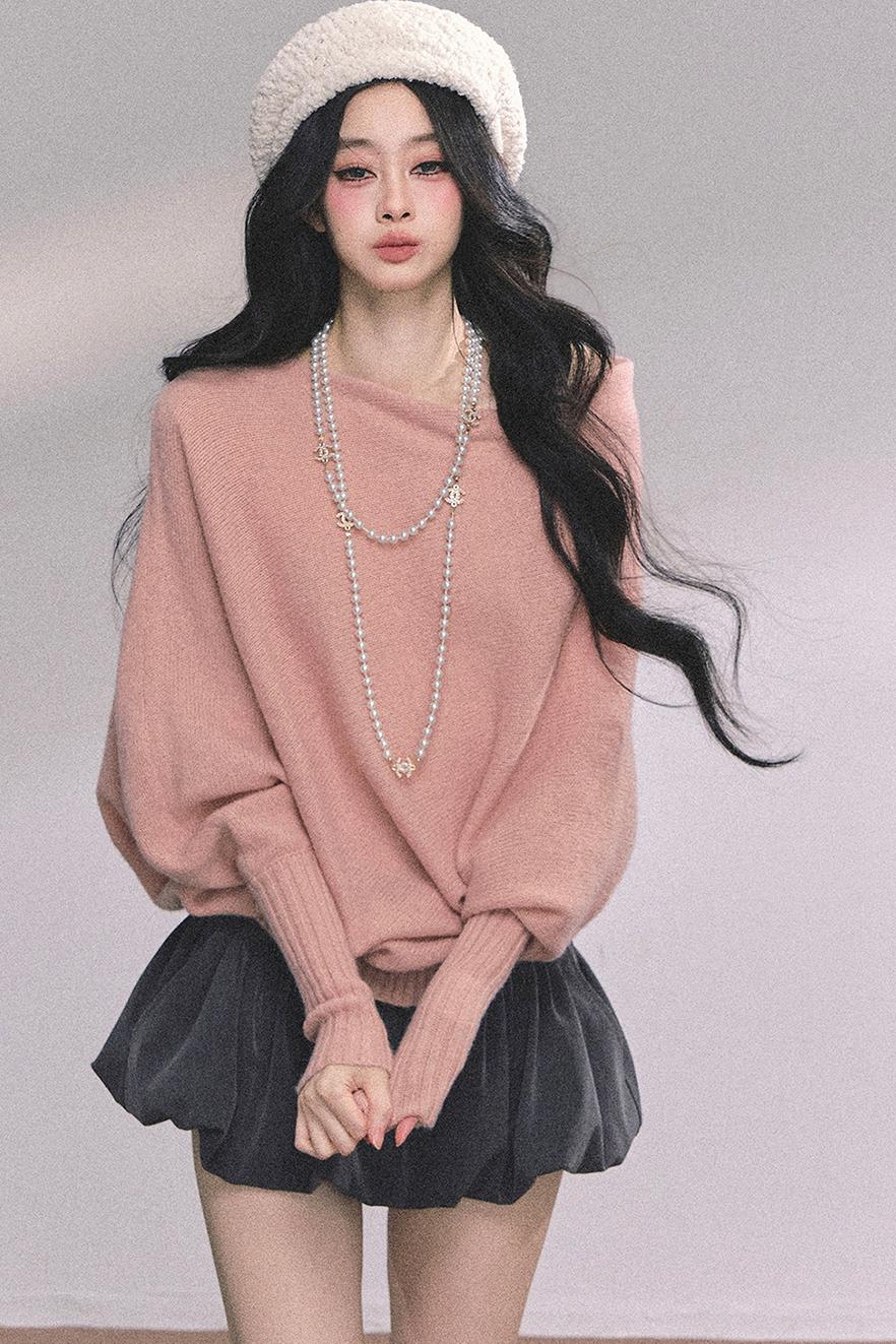 Soft Slanted Shoulder Knitted Sweater