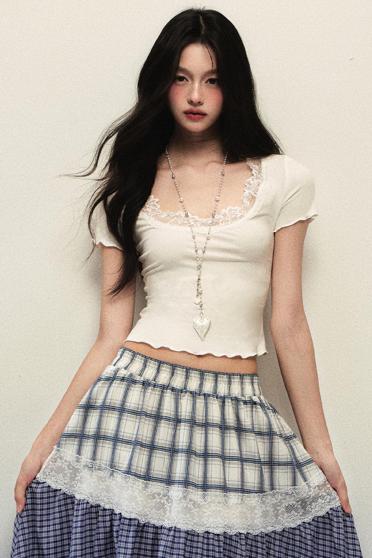 Cotton Lace Square Neck Short Sleeve Top