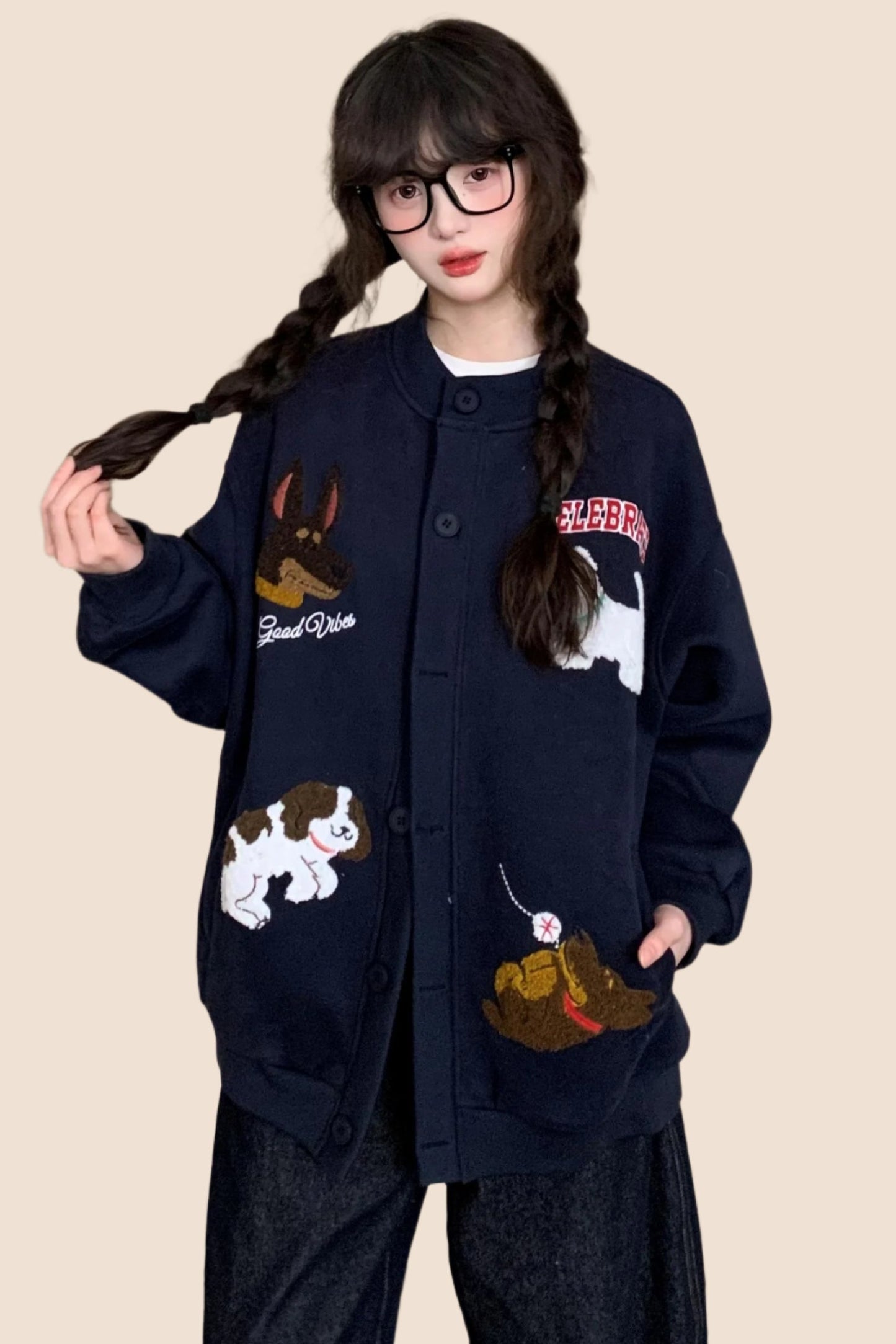 EZEK 아메리칸 레트로 자수 만화 강아지 재미있는 캐주얼 가디건 스웨트셔츠 여성용 게으른 바람 느슨한 bf 자켓 유행 