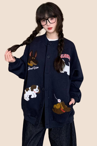 EZEK 아메리칸 레트로 자수 만화 강아지 재미있는 캐주얼 가디건 스웨트셔츠 여성용 게으른 바람 느슨한 bf 자켓 유행 