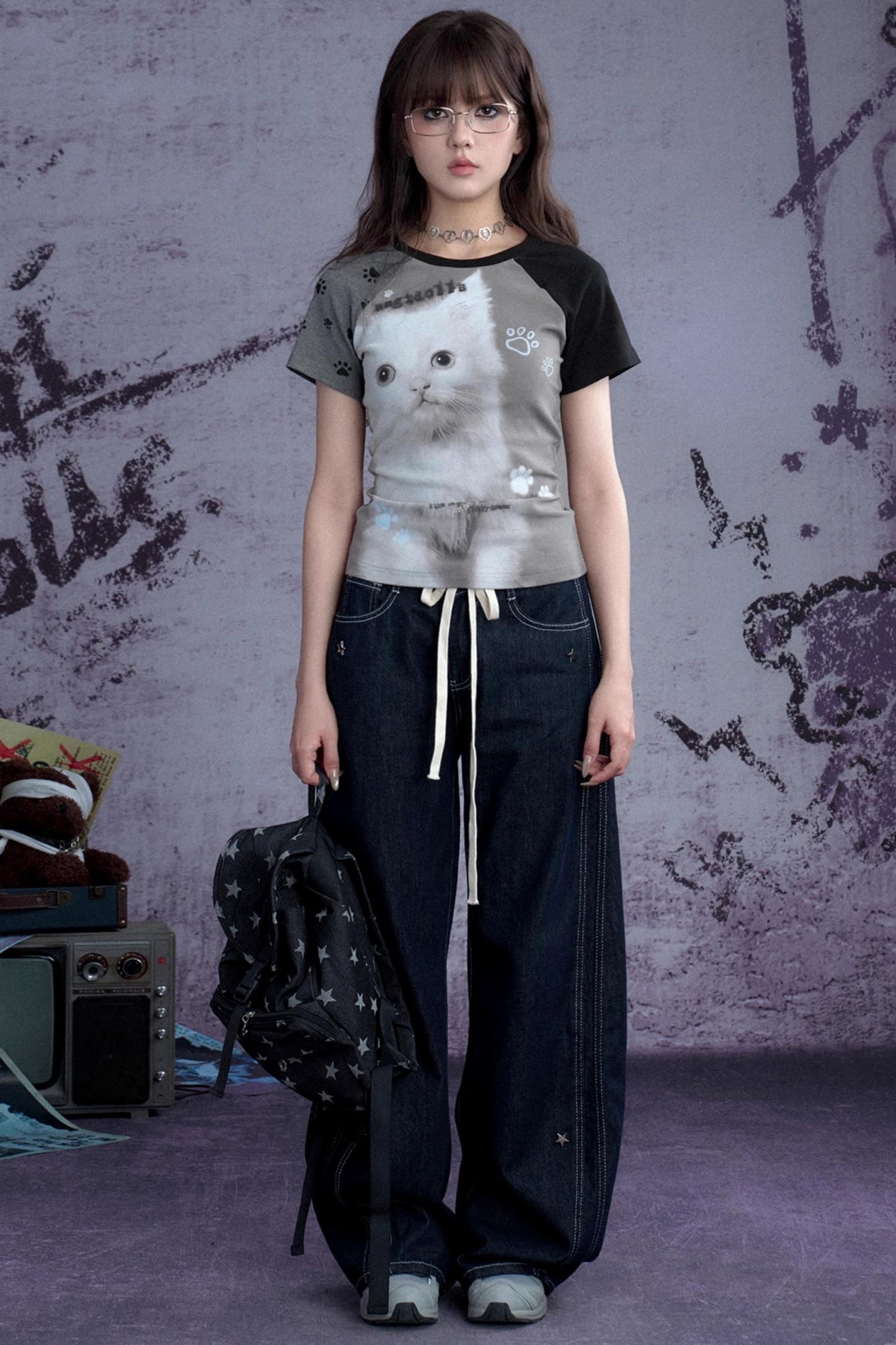 Fighting Spirit Cat Print Raglan Tee