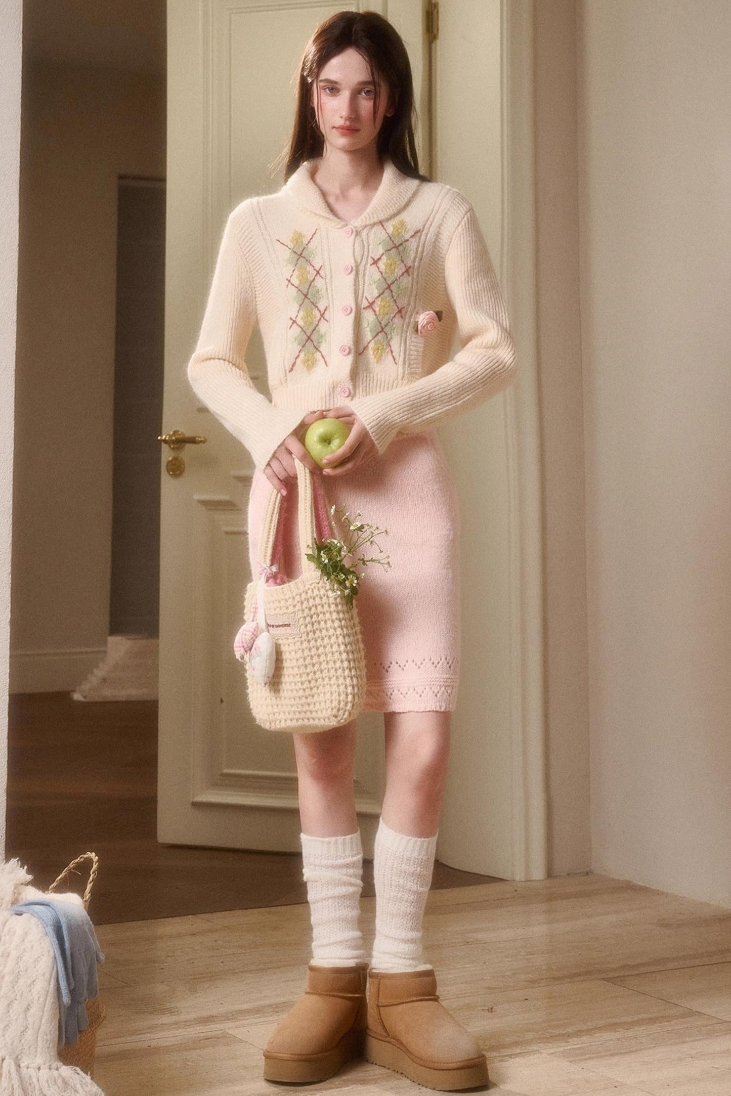 Galaxy Wool Knit Pinkish Skirt Set-Up