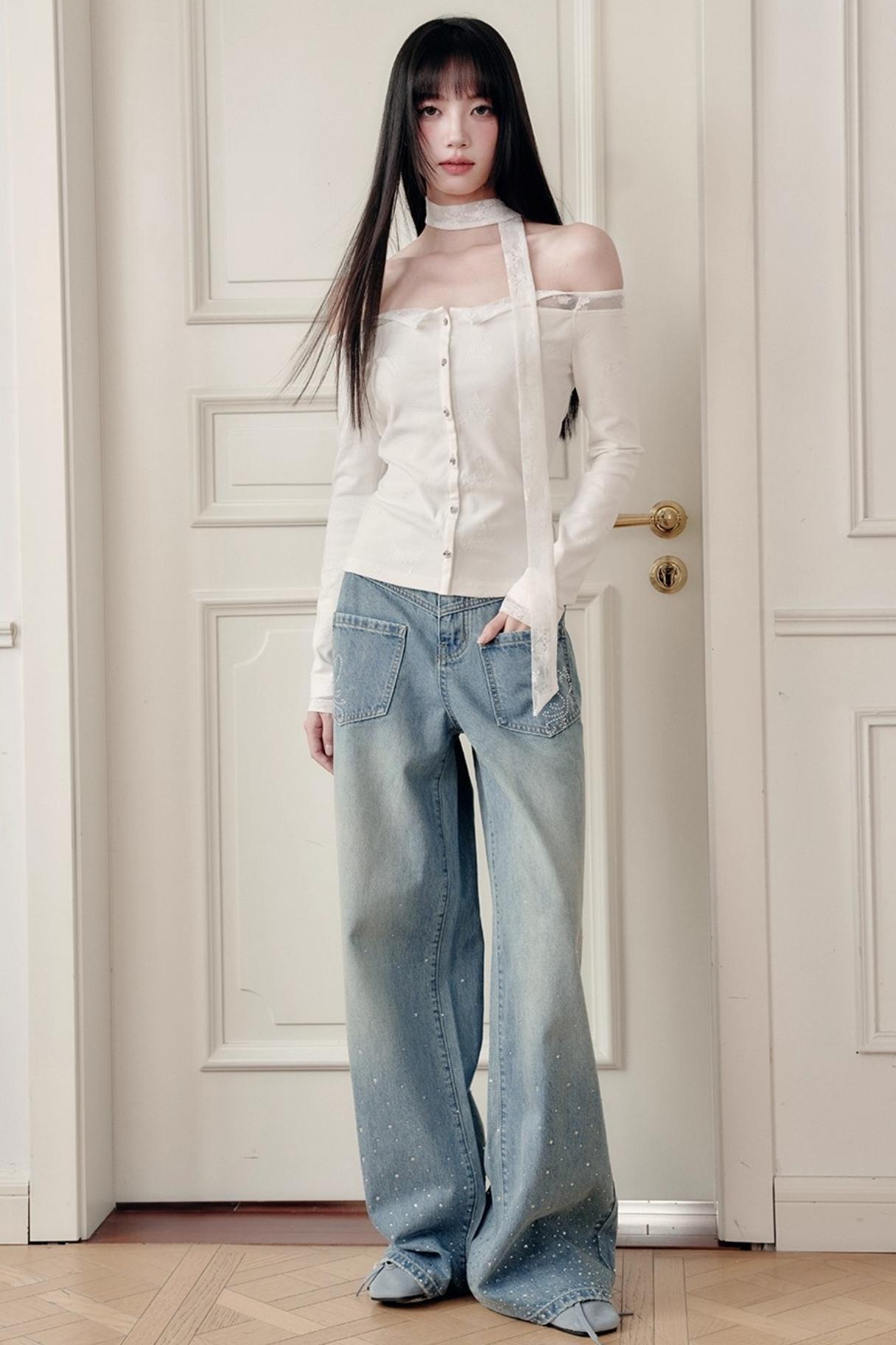 Luxury Moonlight Lace One-Shoulder Top Embroidered Skirt Set-Up