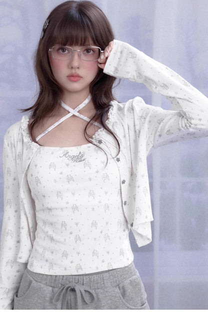 Angel Bear Print Camisole Cardigan Set-Up