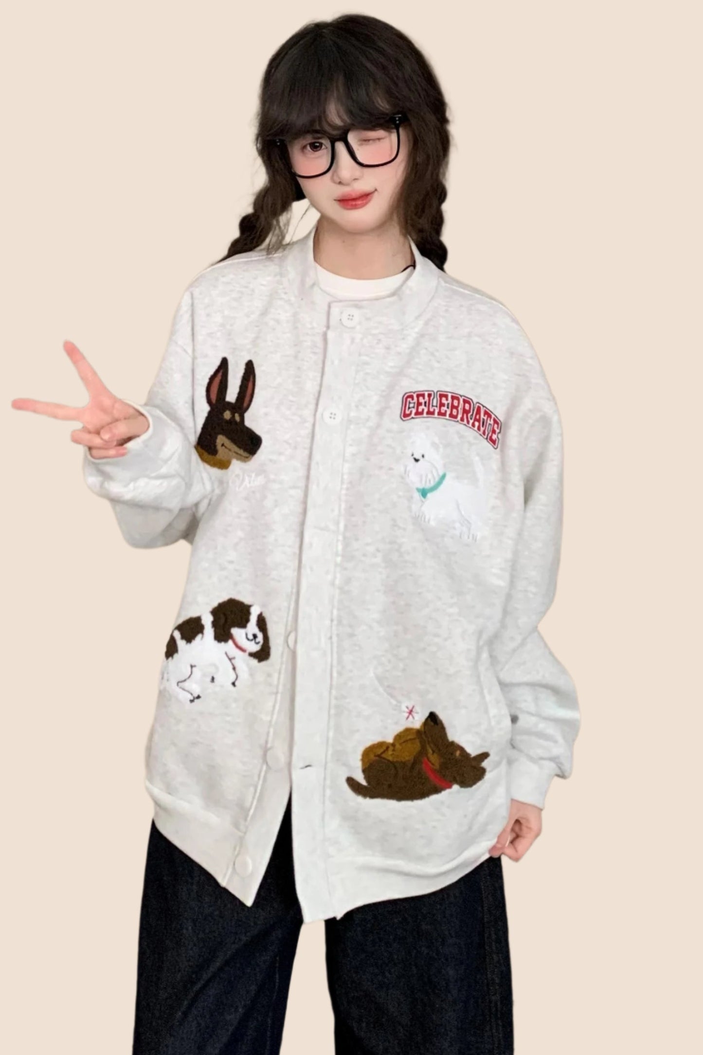 EZEK 아메리칸 레트로 자수 만화 강아지 재미있는 캐주얼 가디건 스웨트셔츠 여성용 게으른 바람 느슨한 bf 자켓 유행 