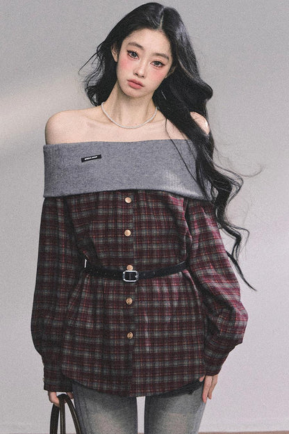 Autumn Waist Slimming Plaid Knit Top