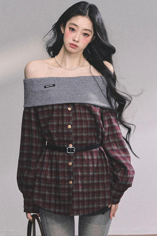 Autumn Waist Slimming Plaid Knit Top