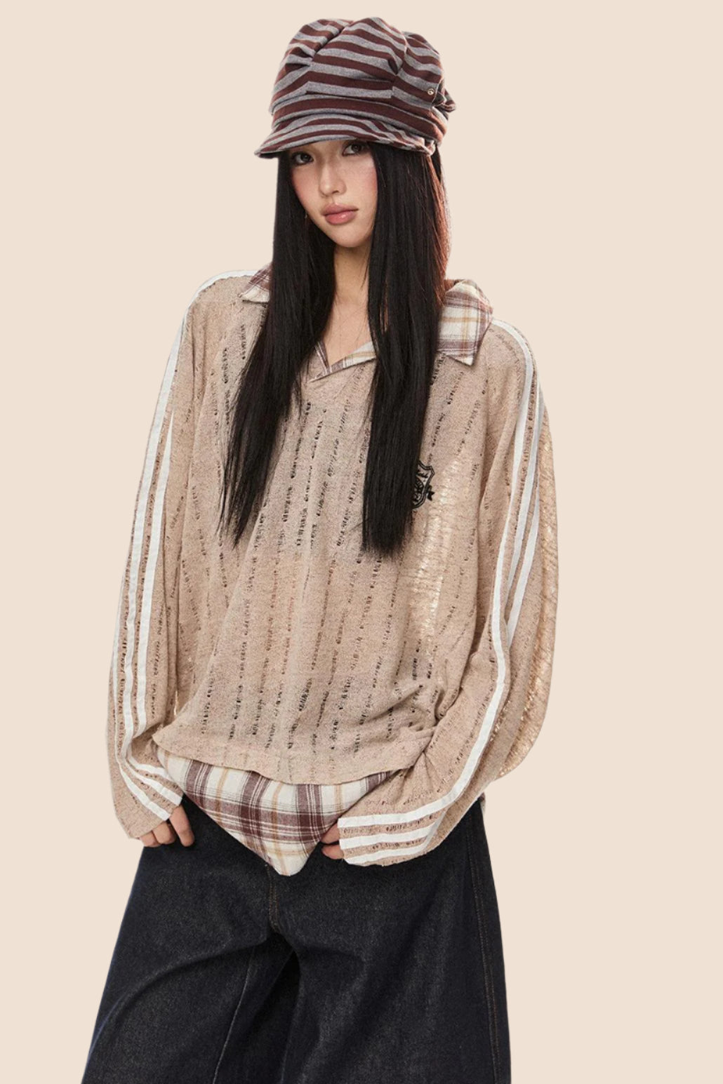 EZEK 아메리칸 레트로 스트라이프 스티칭 대비 약간 투명한 컷아웃 풀오버 스웨트셔츠 여성용 루즈 캐주얼 베이비 탑 타이드 