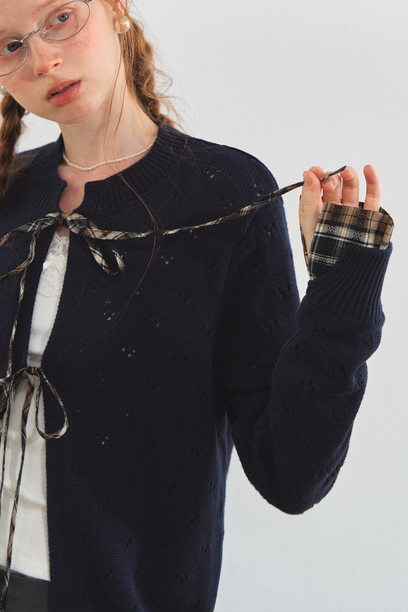 Vintage Plaid Lace-Up Cardigan
