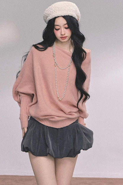 Soft Slanted Shoulder Knitted Sweater