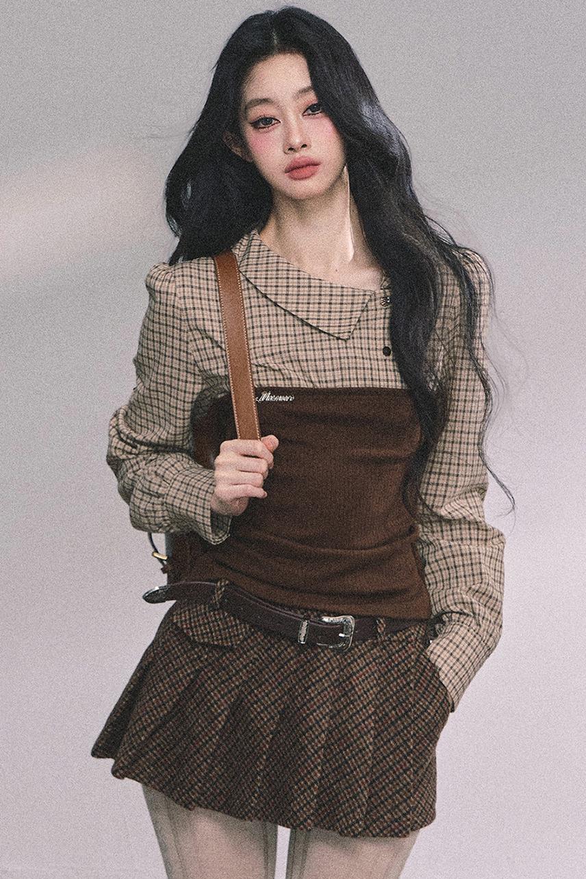 Knitted Long-Sleeved Plaid Top