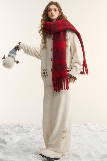 Asgony Vintage Wool Blend Red Plaid Scarf