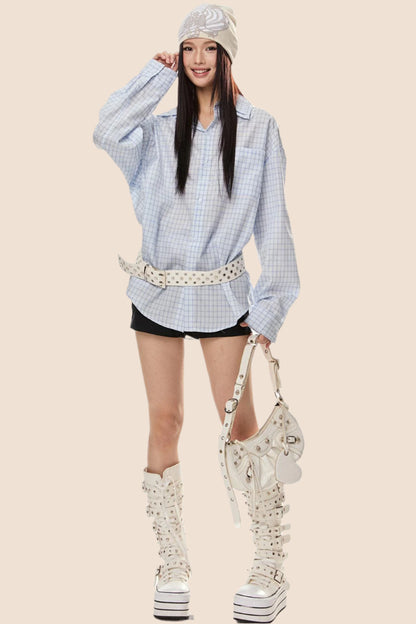 EZEK 아메리칸 레트로 더블 칼라 체크 셔츠 여성용 루즈 슬림 셔츠 재킷 봄 신상 트렌디 브랜드 