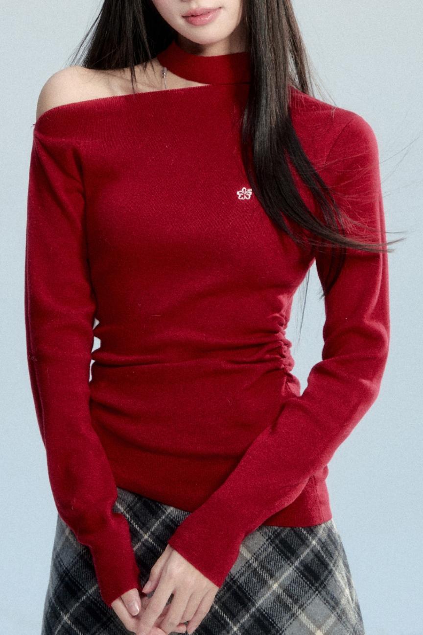 Red Off-Shoulder Knit Top