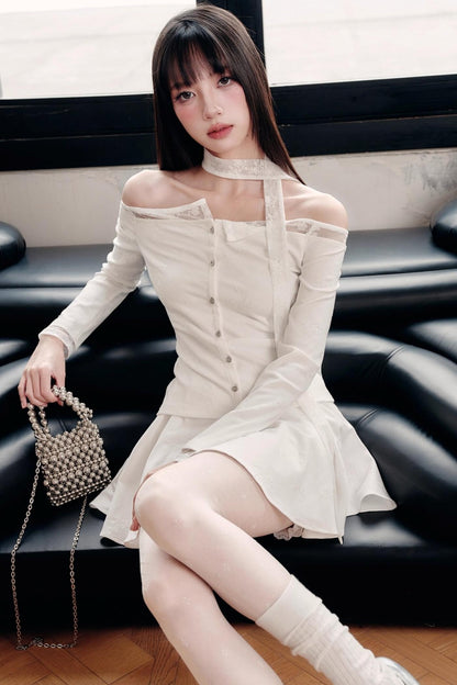 Luxury Moonlight Lace One-Shoulder Top Embroidered Skirt Set-Up