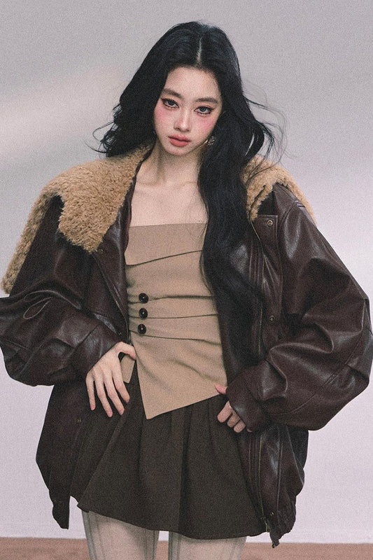 Autumn Navy Lambswool Leather Jacket