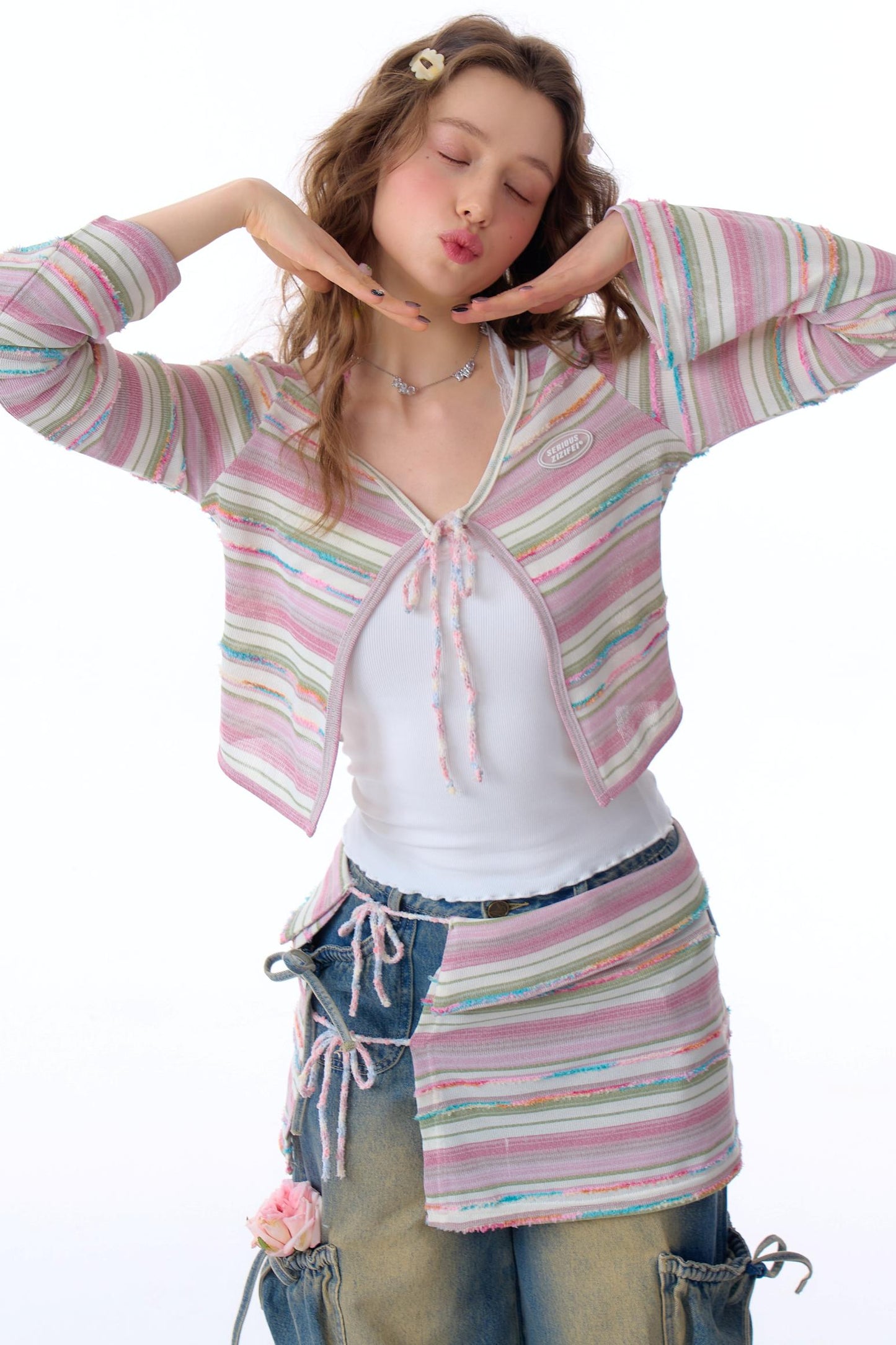 Cardigan court à rayures contrastées 